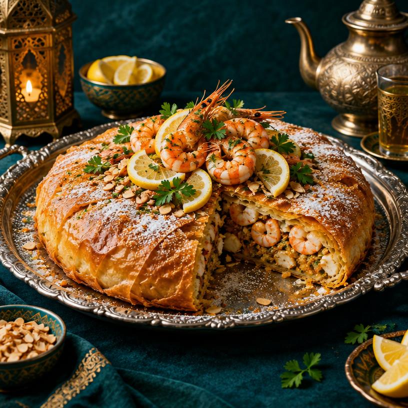 Pastilla au poisson et fruits de mer garnie de crevettes