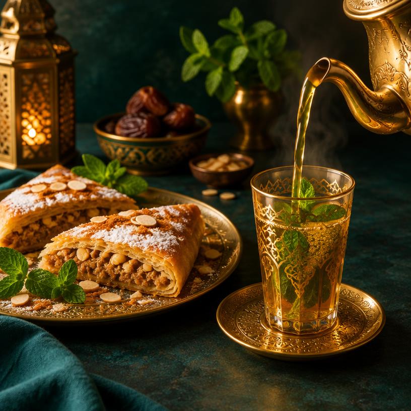 Thé à la menthe servi avec des parts de pastilla