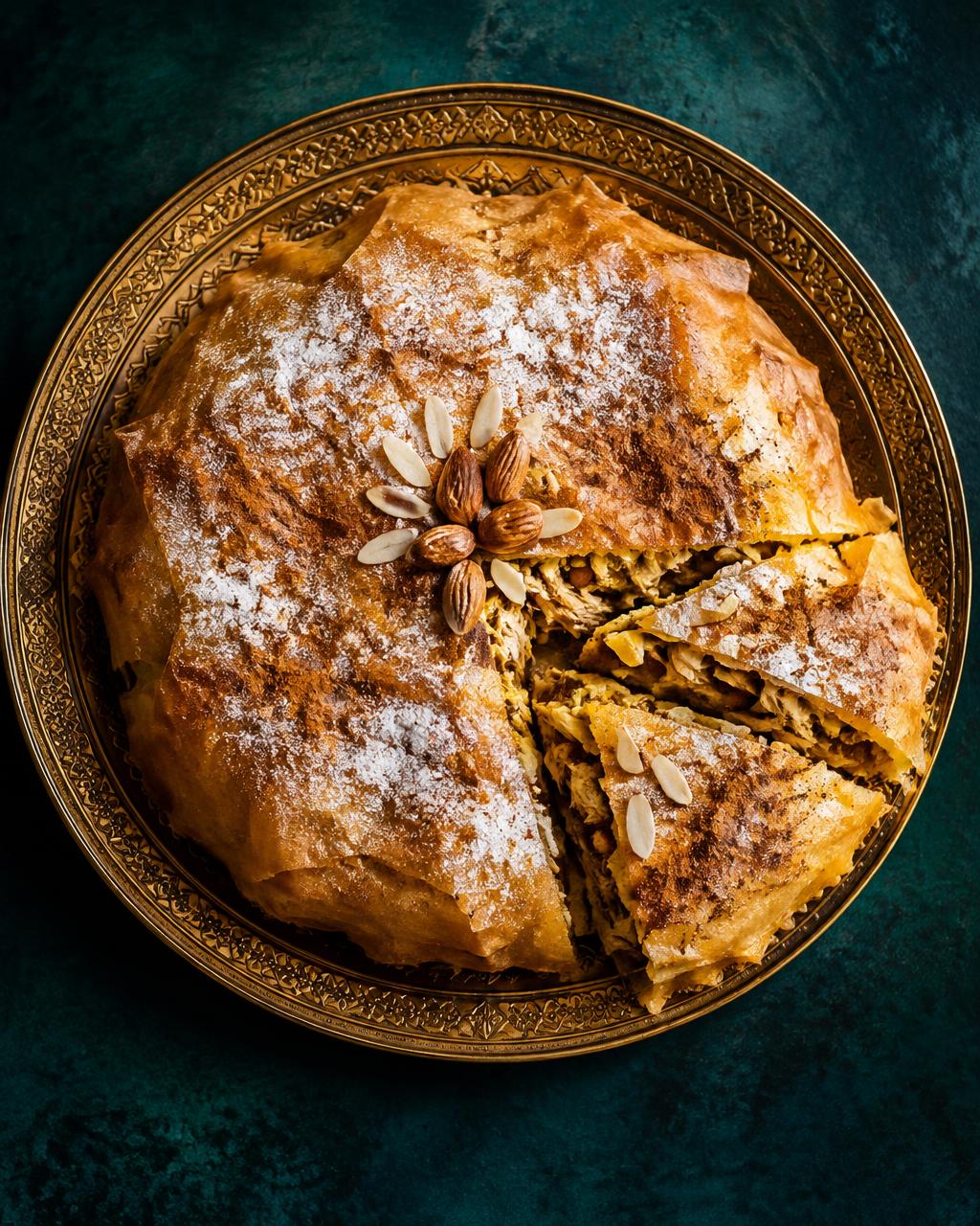 Pastilla dorée au poulet et aux amandes